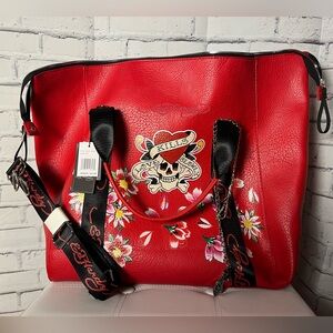 NWT Ed Hardy Love Kills Slowly Tote with Skull and Floral Design